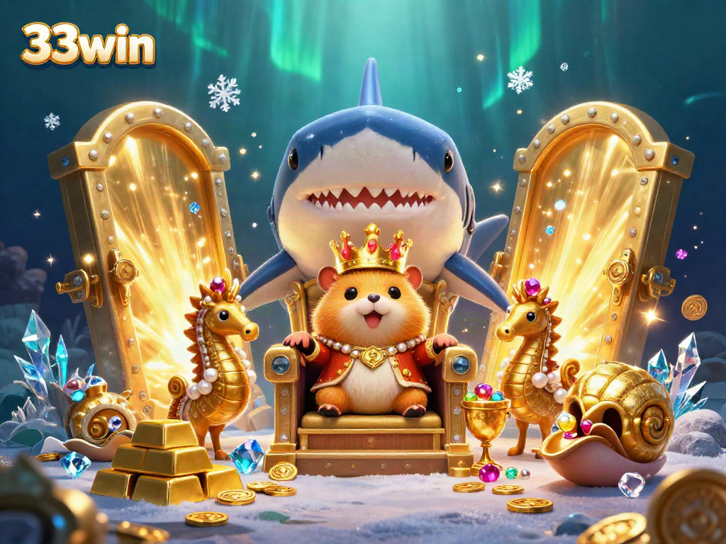 33win scene with golden hamster king and treasure elements in vibrant underwater setting