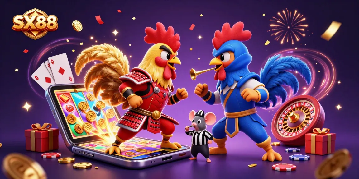 SX88 brings excitement to the casino scene with twin roosters in a dramatic showdown amidst colorful gaming elements.