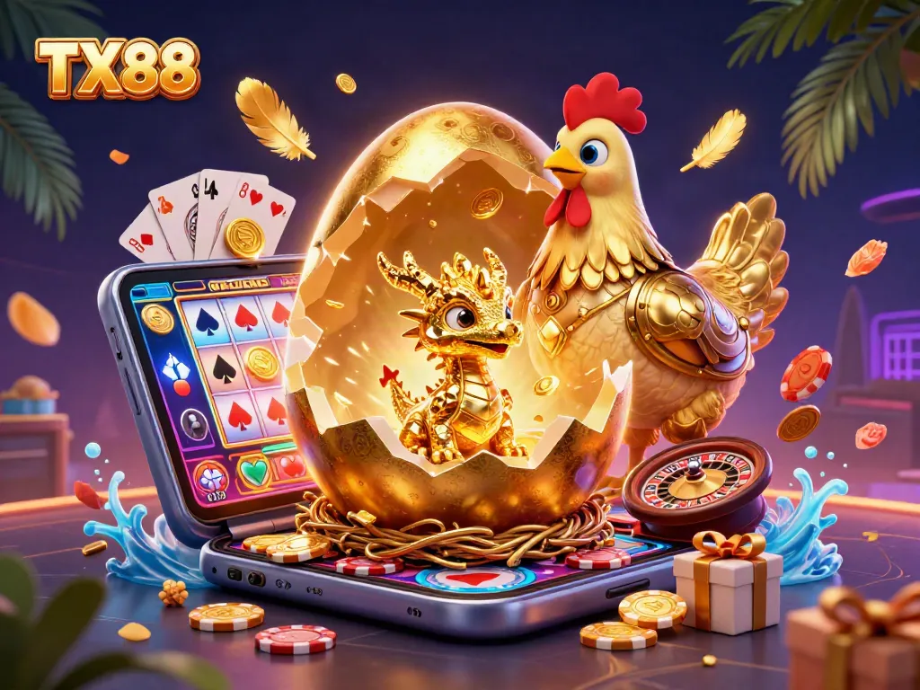 Experience the thrilling world of TX88 with a golden dragon guarding poker chips and a vibrant slot game.