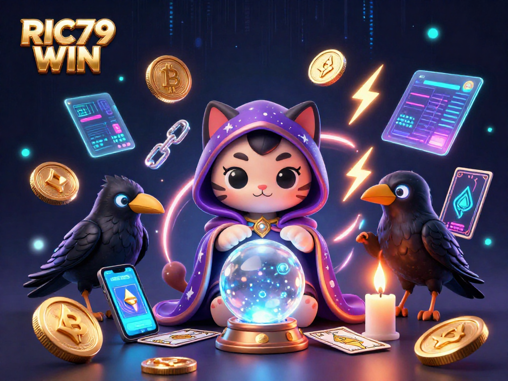 Experience RIC79 WIN with a mystical scene of fortune tellers and cryptocurrencies intertwining.