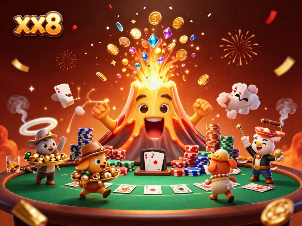 Engage with xx8’s vibrant gaming scene featuring a golden volcano erupting treasures amidst poker and casino elements