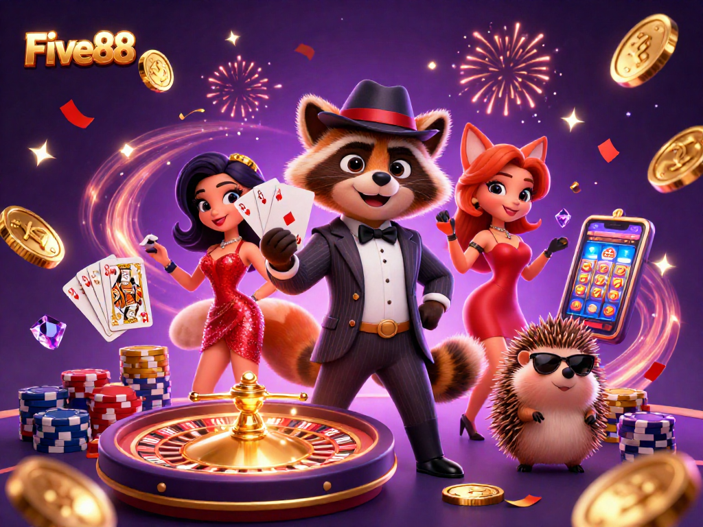 Experience the excitement of Five88 with a charming raccoon and fox at the casino!