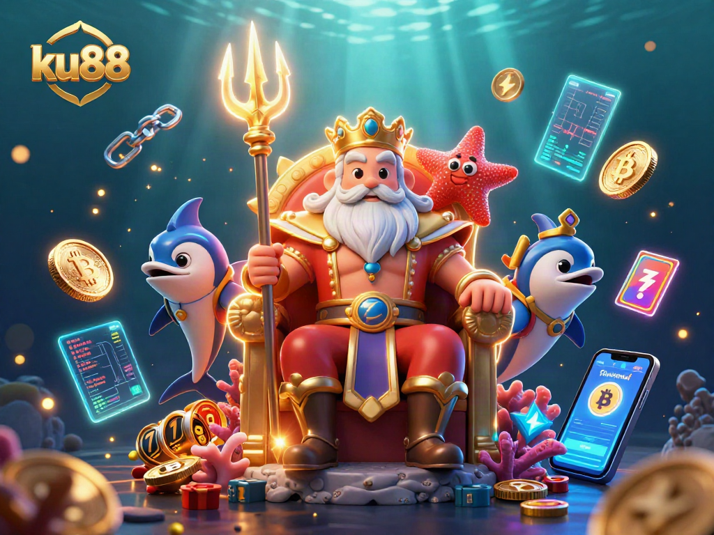 Experience the vibrant and magical casino world of ku88 with Neptune and illuminating crypto elements.