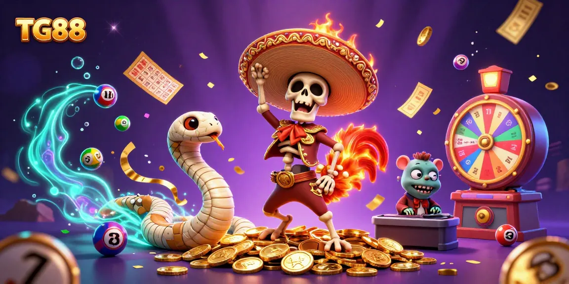 Engage in thrilling games at TG88 with a vibrant scene filled with festive characters and dynamic casino elements.