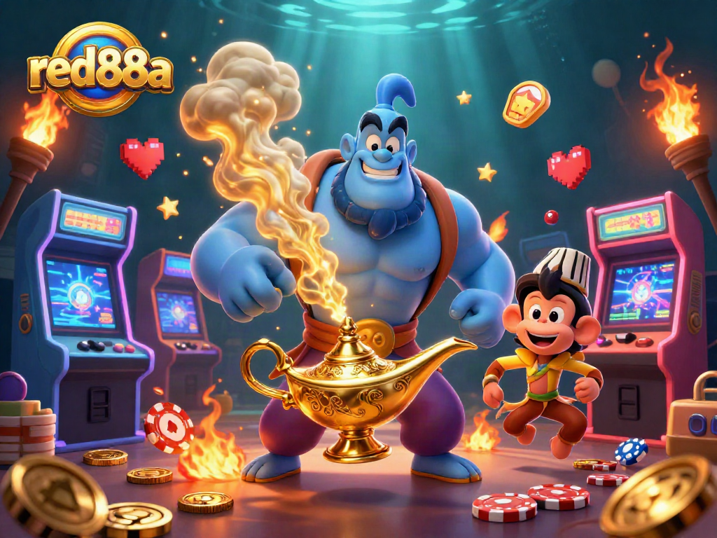 Engage in thrilling 3D casino fun with red88a, featuring a genie, monkey, and poker chips.