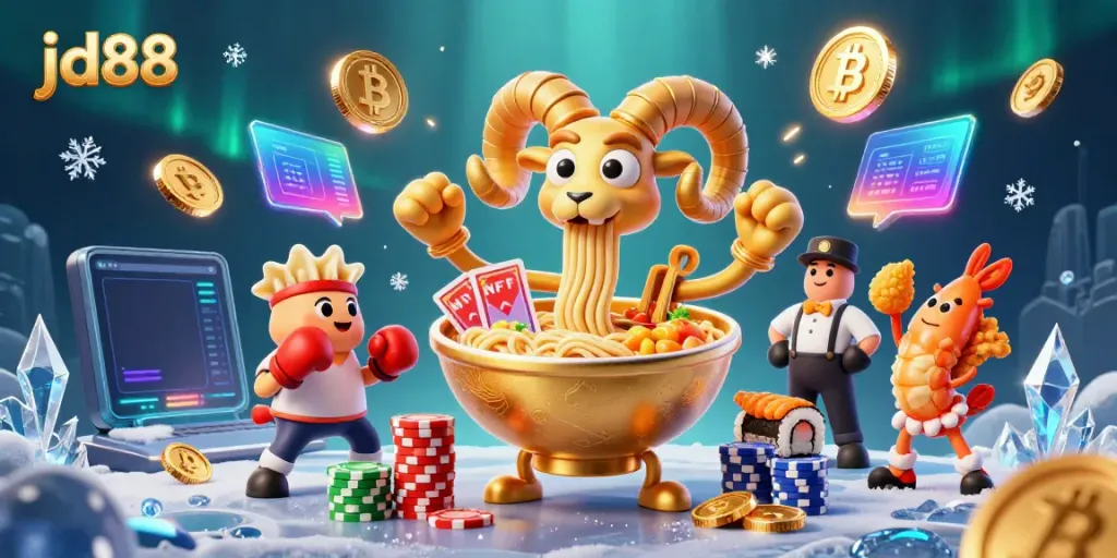 Engaging scene featuring jd88's gaming elements, with a giant ramen bowl dealer and crypto coins.