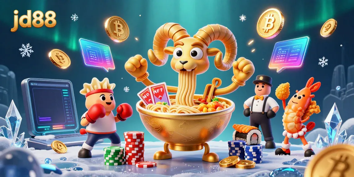 Engaging scene featuring jd88's gaming elements, with a giant ramen bowl dealer and crypto coins.