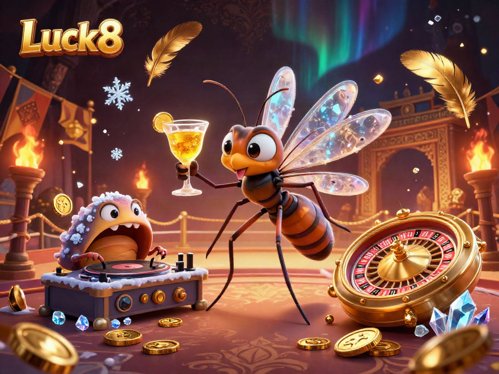 Engage with Luck8's vibrant casino experience featuring frozen-in-amber characters and golden elements.