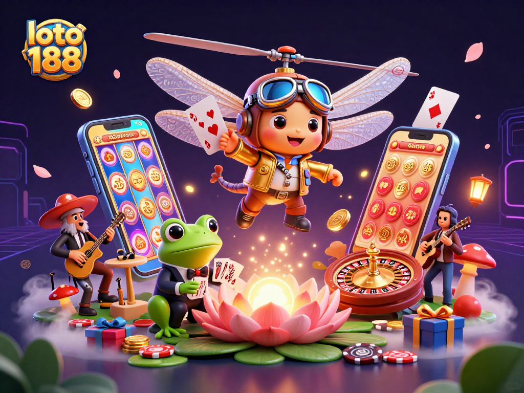 Experience loto 188 with a vibrant 3D scene featuring casino action involving a dragonfly pilot and a frog croupier.