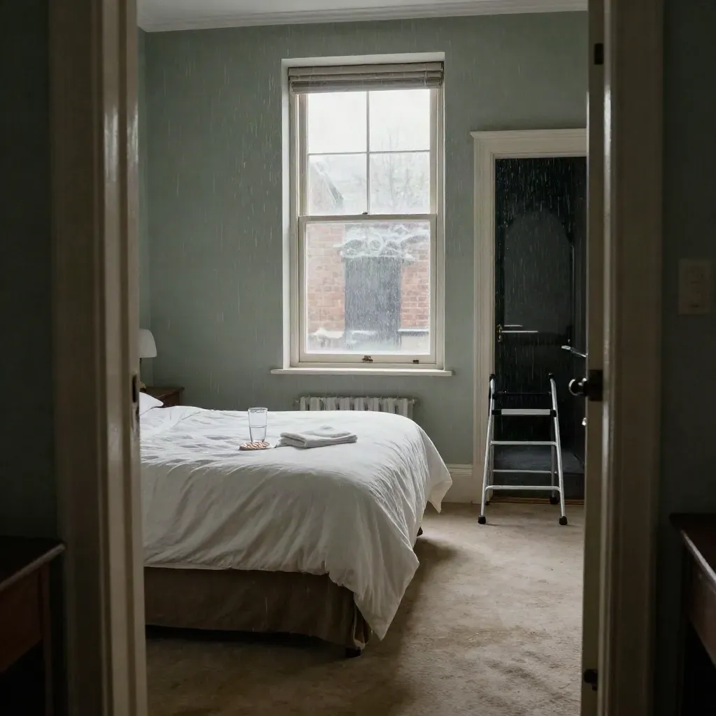 Rainy winter bedroom reset for home care, with bed, towel, pill tray and walking frame by the door.