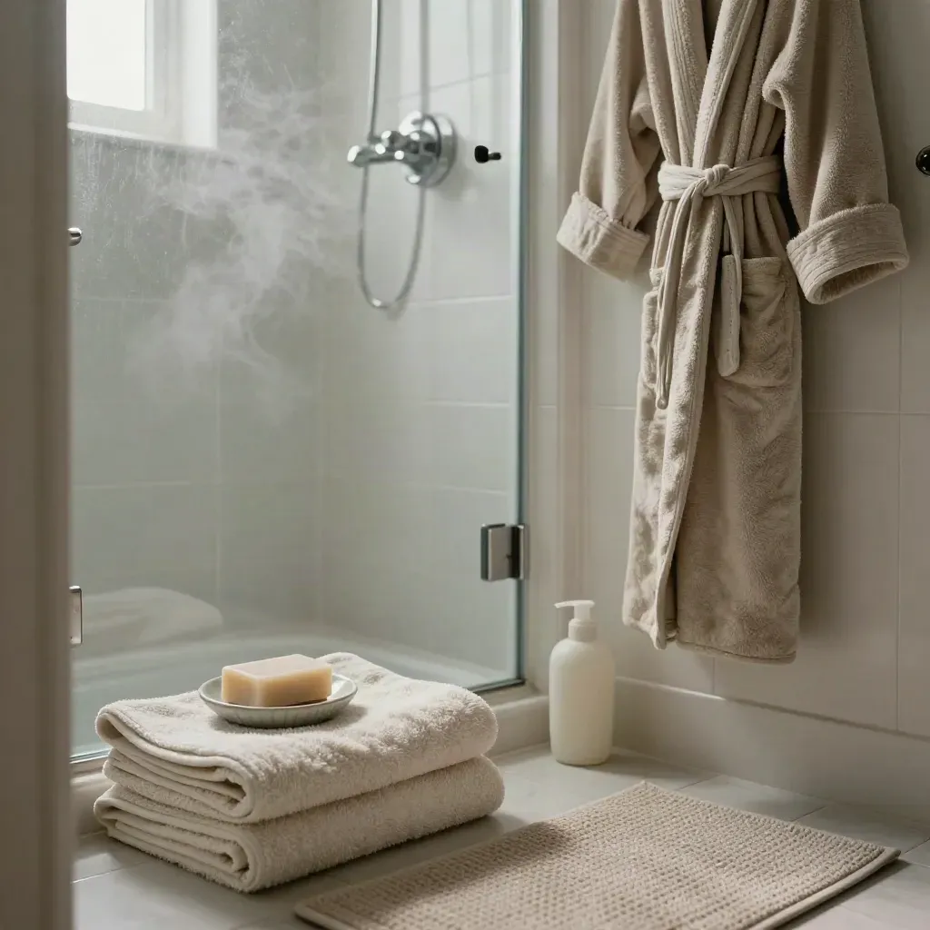 Reset bathroom with towels, soap, lotion, robe and mat beside a shower in warm light.