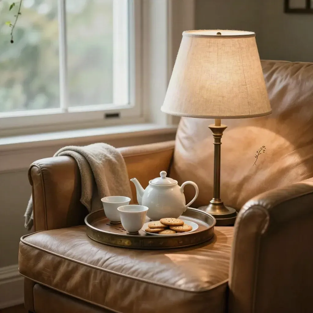 Tea tray beside an armchair, lamp and wool throw in a warm window-lit home corner.