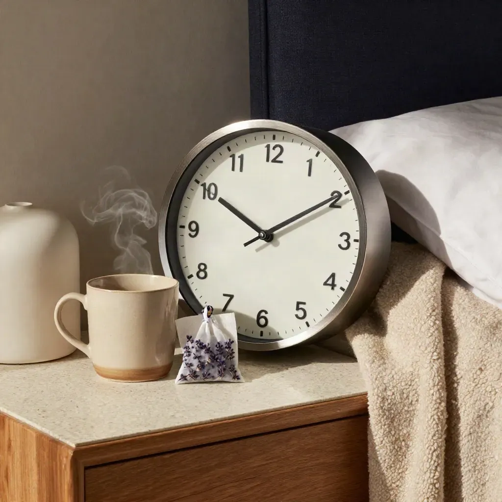 Bedroom corner with mug, lamp, lavender sachet, turned-away clock and settling throw.