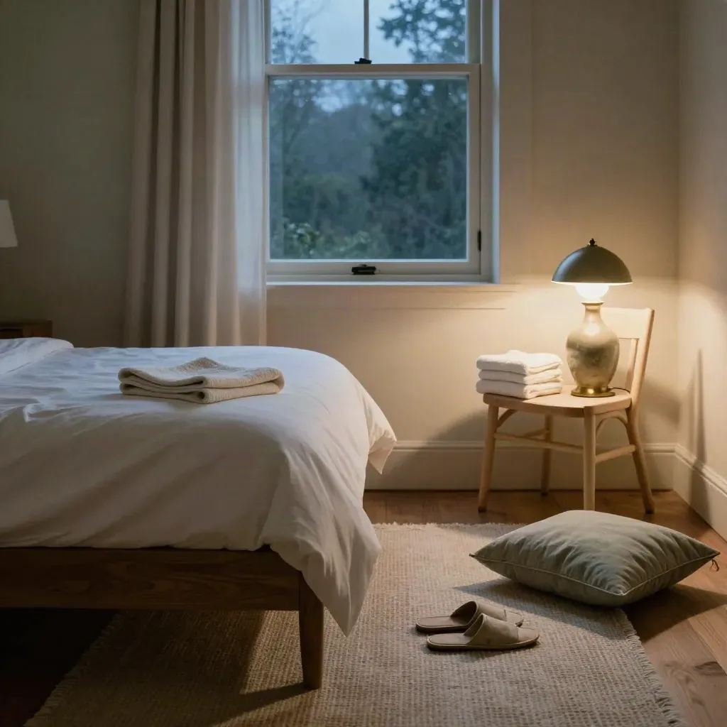 Prepared guest bedroom with bed, lamp, slippers and folded towel in soft dusk light.