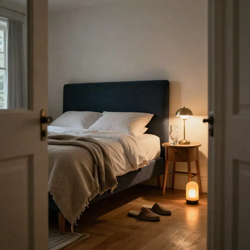 Night-ready bedroom hall corner with blanket, water jug, lamp, slippers and amber night light