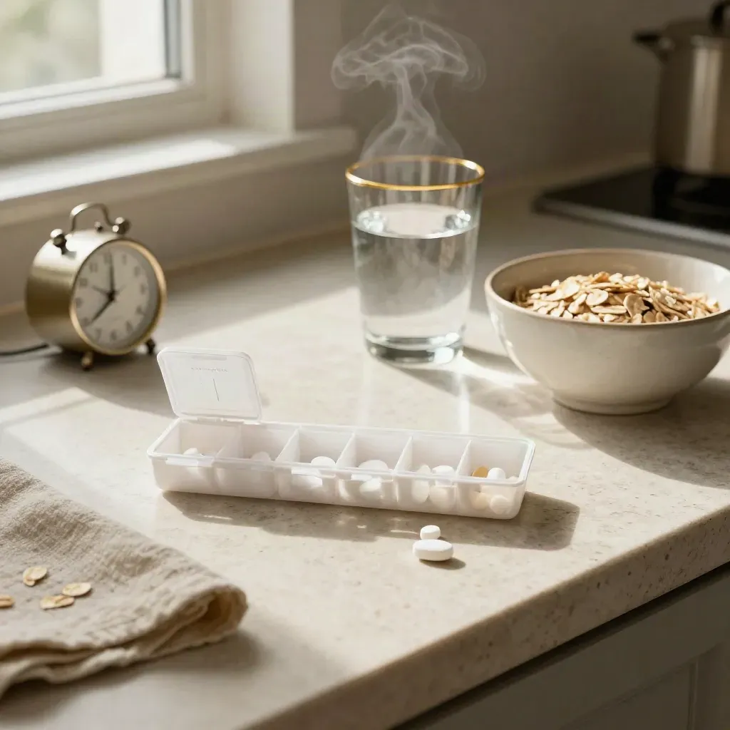 Open pill organiser beside water and breakfast bowl on a kitchen counter with steam