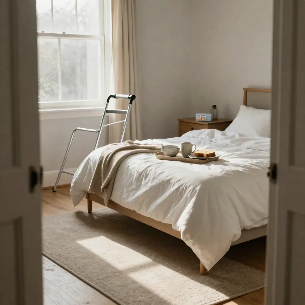 Sunlit bedroom reset with made bed, breakfast tray, pill organiser and walking frame