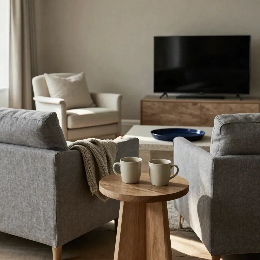 Quiet sitting room reset between respite visits with mugs, throw, cushions and off TV.