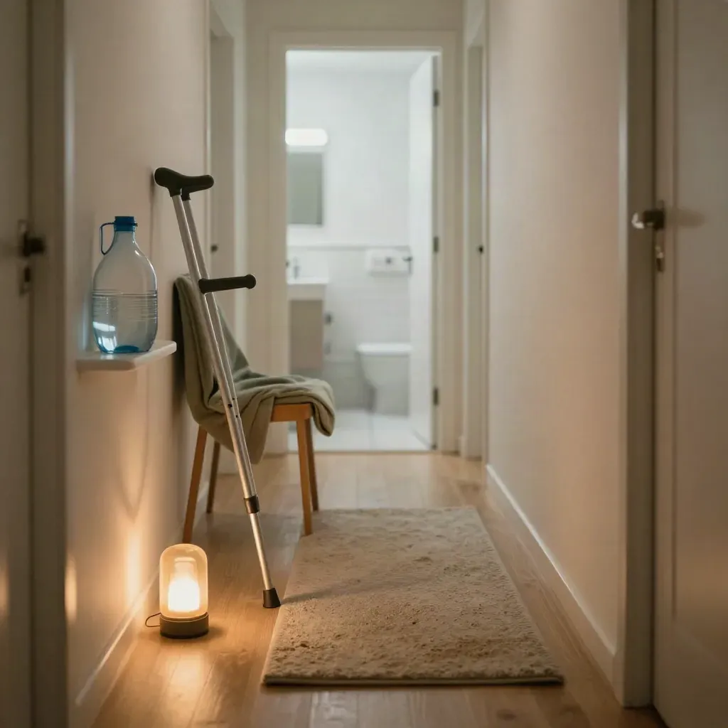 Calm hallway with walking aid, night light, water jug, folded blanket and safety rug