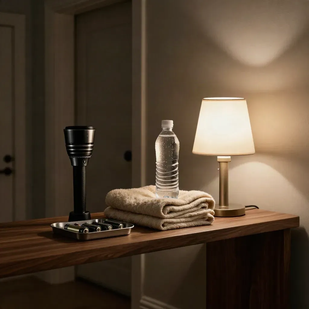 Night care kit on a hallway shelf with torch, batteries, blanket, water bottle and glowing lamp.