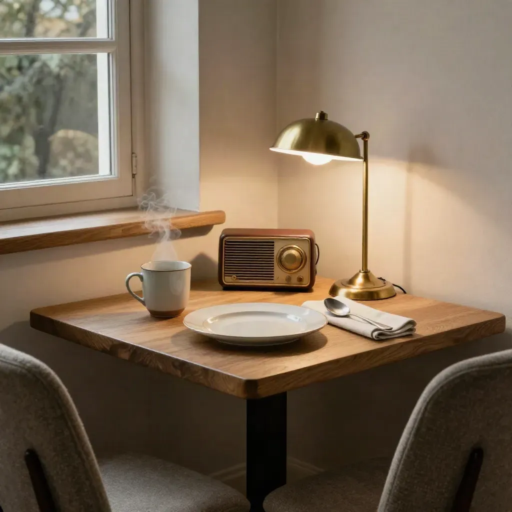 Quiet dining nook with steaming mug, covered plate, armchair and silent radio in warm evening light