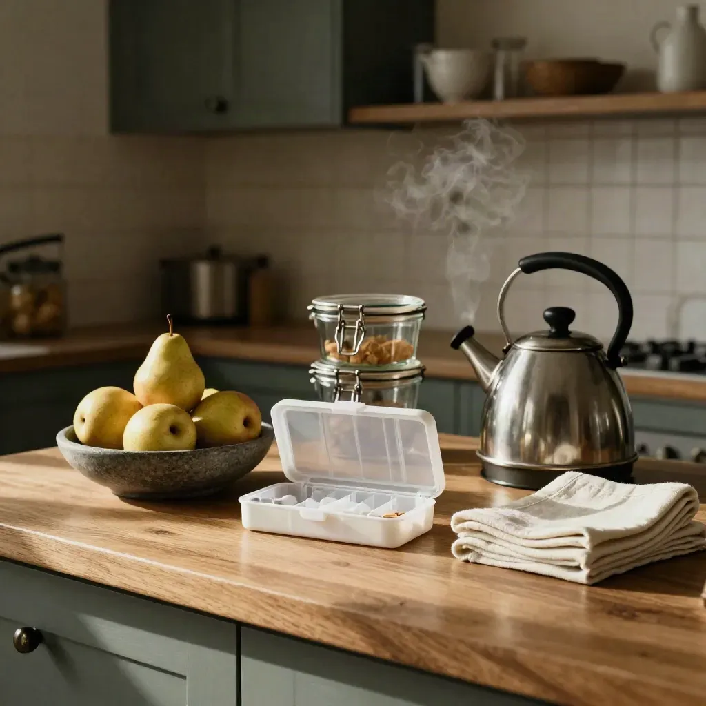 Kitchen counter with pill organiser, fruit bowl, meal containers, folded cloths and a steaming kettle.