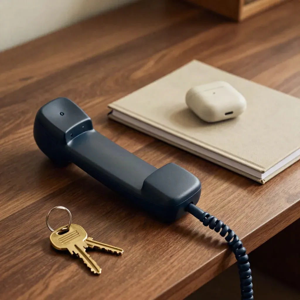 Macro still life of a cordless handset, scheduler notebook, earbud case and keys on a walnut desk.