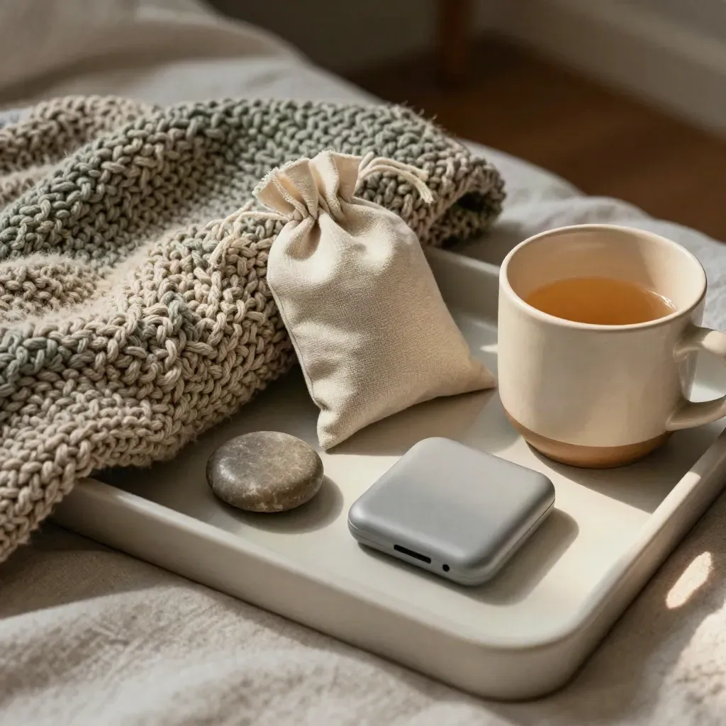 Knitted throw, lavender sachet, stone, music player and mug on a bedside tray.