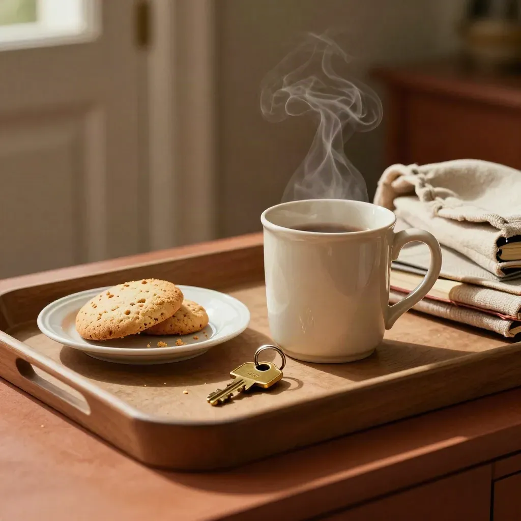Tea tray with steaming mug, biscuits, notebook, keys and essentials pouch on a sideboard