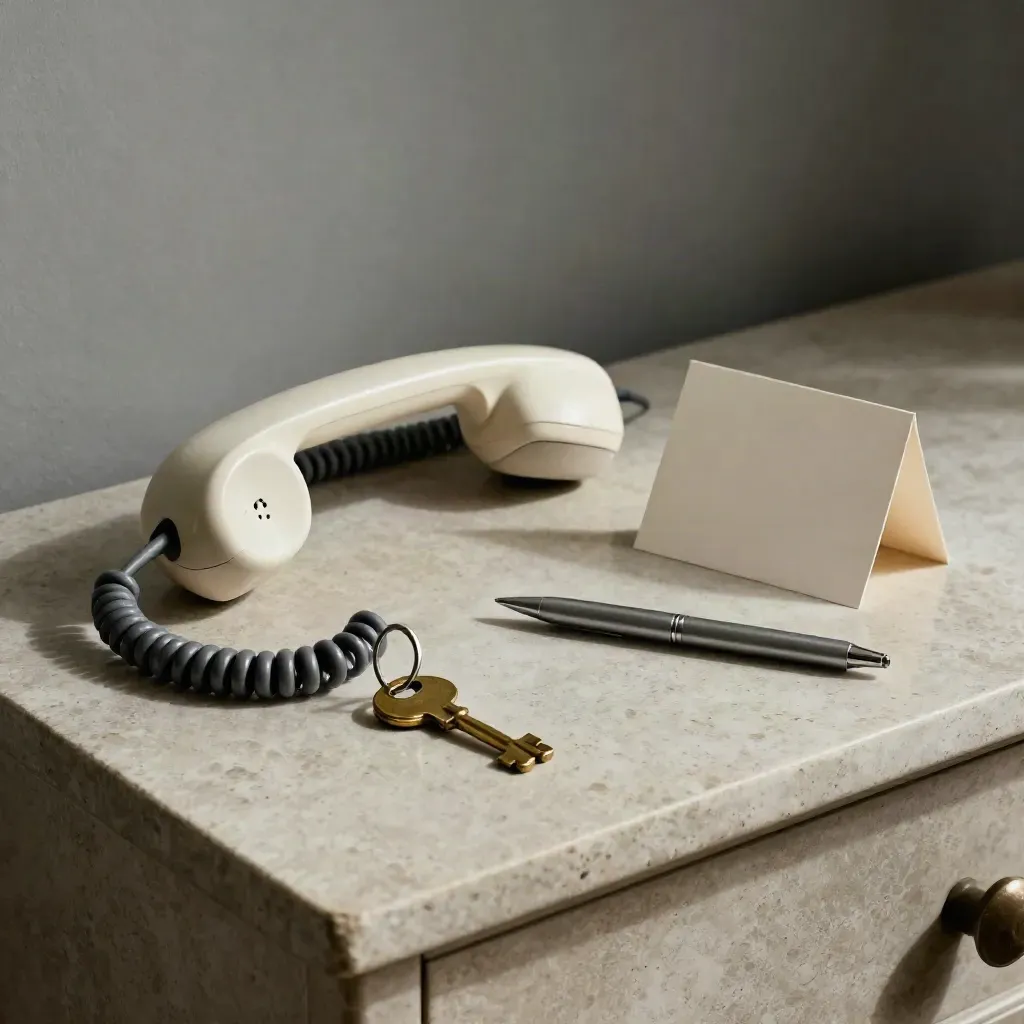Corded landline, brass key, blank card and pen on a stone console in soft side light.