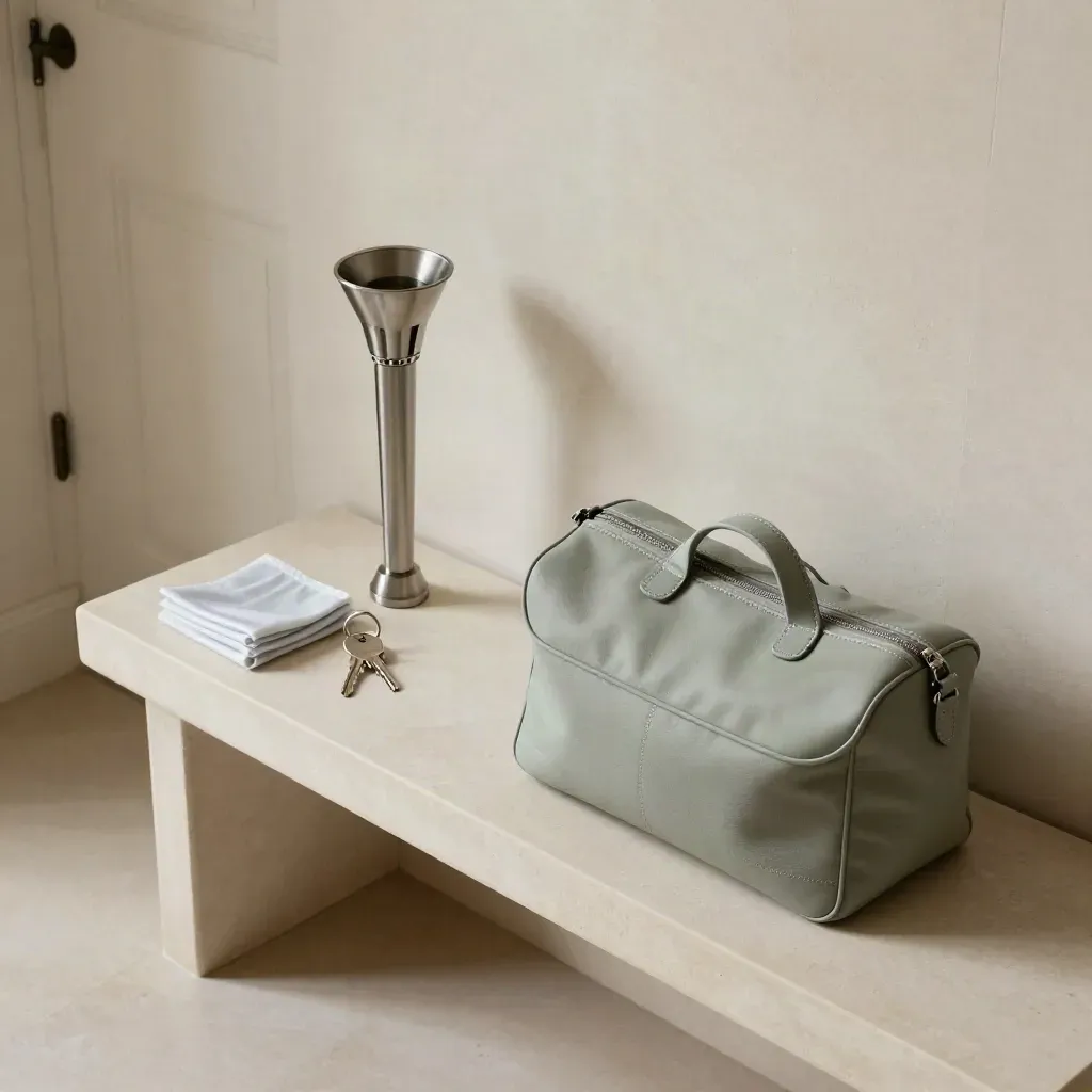 Top-down hallway bench still life with keys, torch, shoe covers and a sage visit caddy