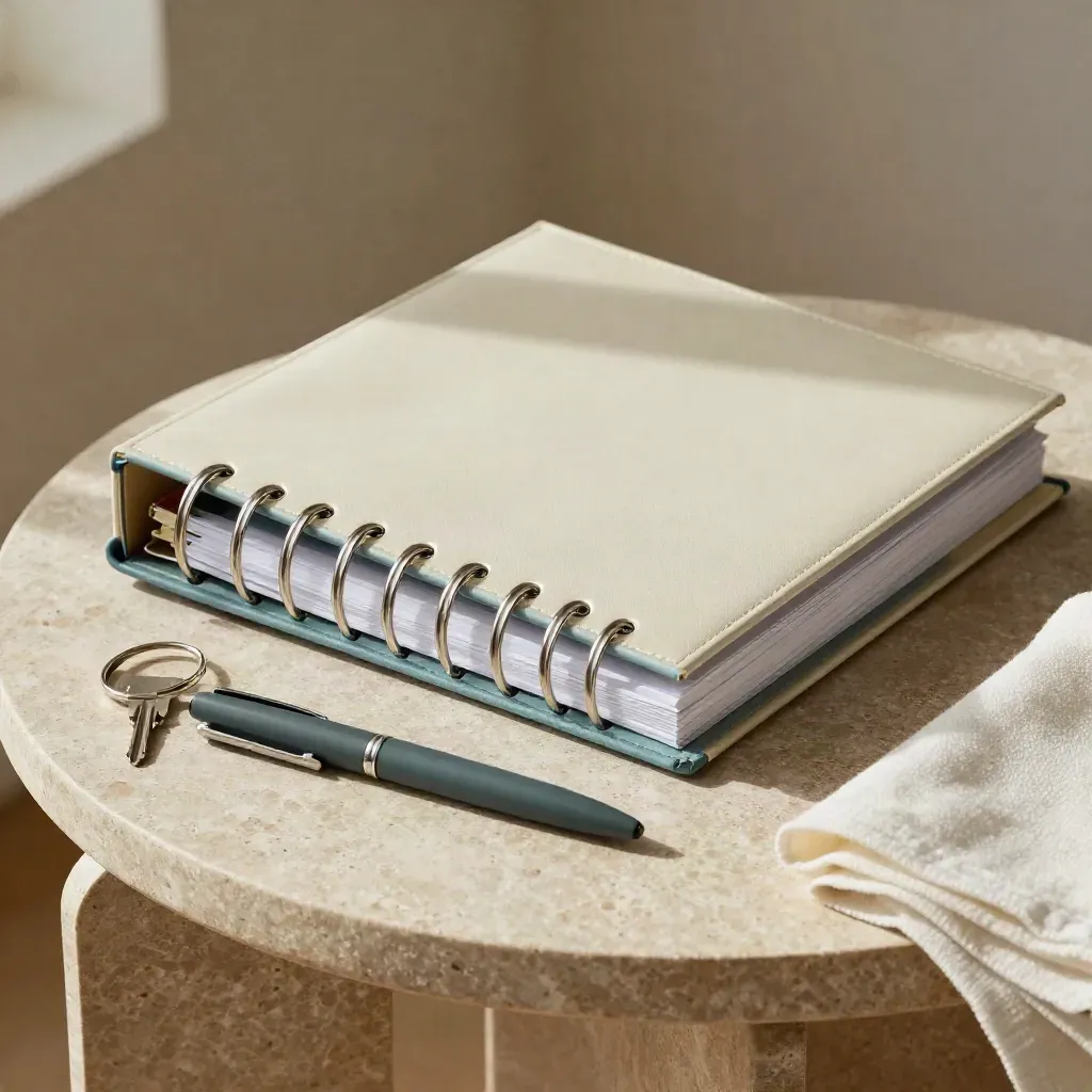 Ring binder, divider sleeves, key ring and pen on a stone tray with folded cloth