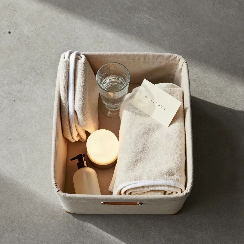 Overhead care caddy with towels, soap, glass, night light and blanket on concrete.