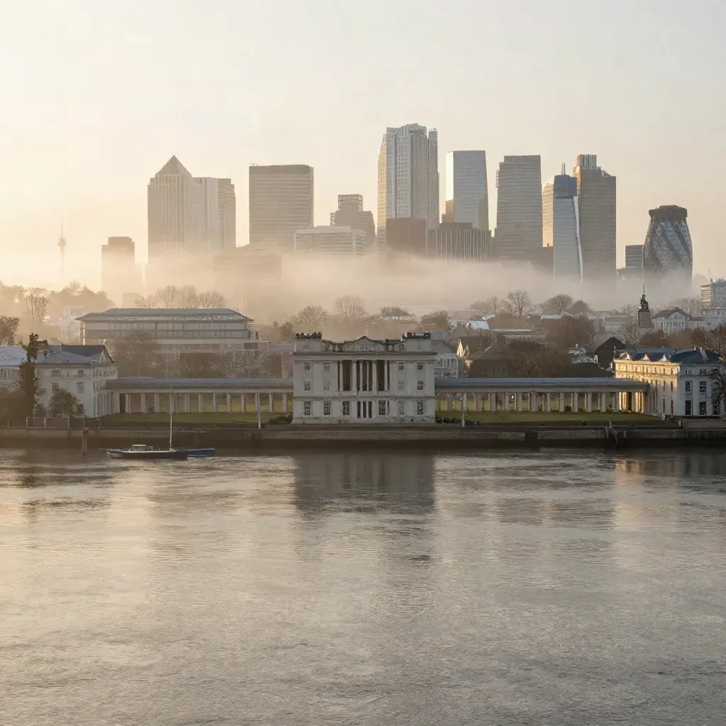 Sunrise haze over the Thames with Canary Wharf and Greenwich ridge