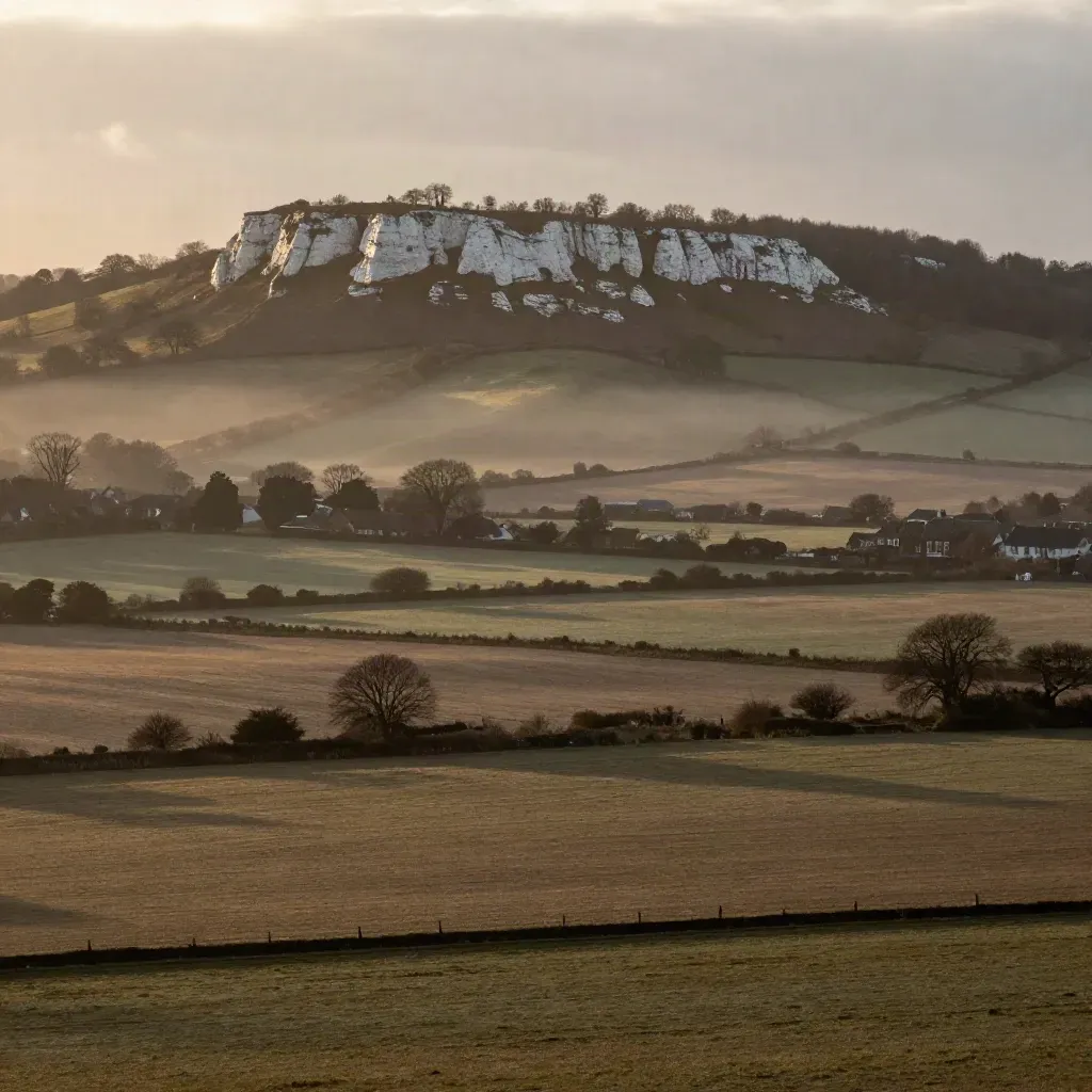 Box Hill chalk escarpment above soft Surrey fields in golden post-rain haze