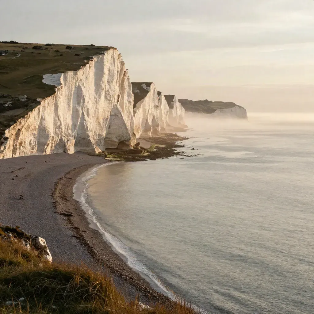 White cliffs of Dover glowing at sunset above misty Channel and shingle beach