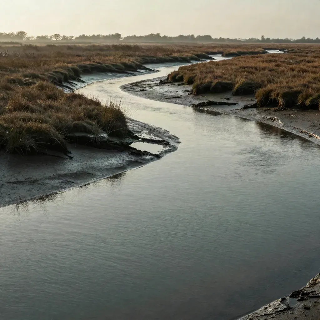 Salt marsh creeks at Essex dusk, low tide revealing layered textures under soft haze.