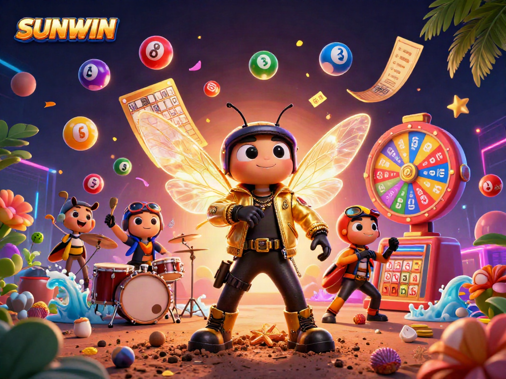 Experience thrilling SUNWIN gaming with a vibrant scene of a 3D rock star cicada leading an exciting casino game party.