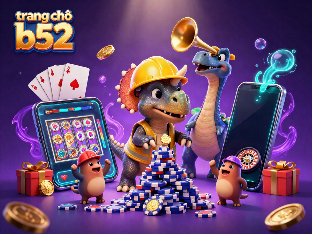 Engage with the vibrant scene of trang chủ b52 featuring a lively triceratops building poker chip towers amidst casino elements.