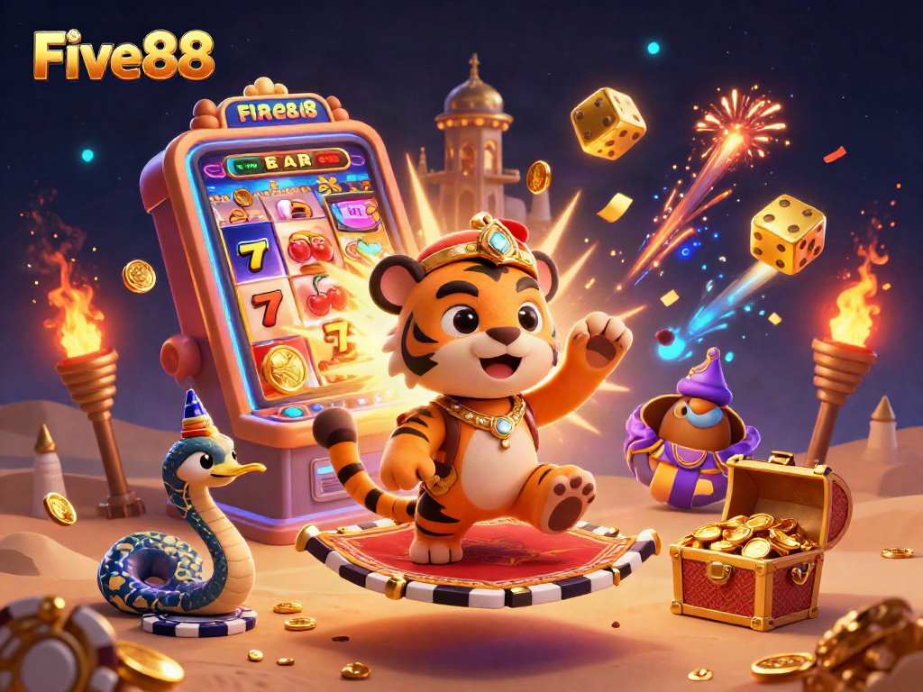 Experience the vibrant excitement of Five88 with this dazzling casino scene featuring a sultan on a carpet of poker chips.