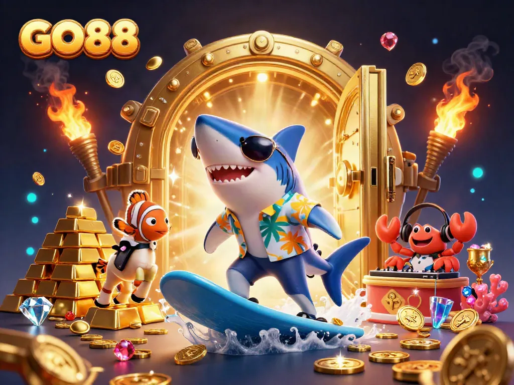 Experience the excitement of GO88 as a hammer-head shark surfs on gold coins with dynamic decor showcasing casino elements.