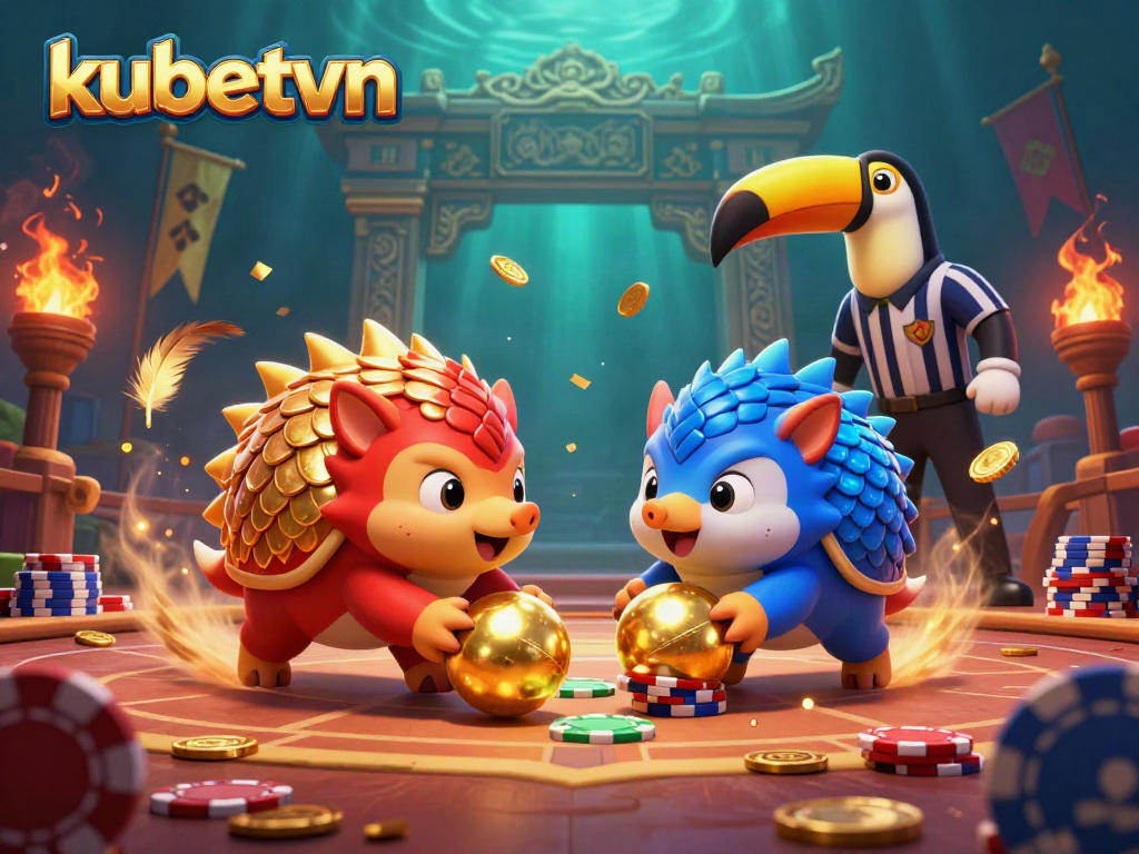 Experience the thrill of kubetvn with pangolins bowling through poker chips in a vibrant casino scene.