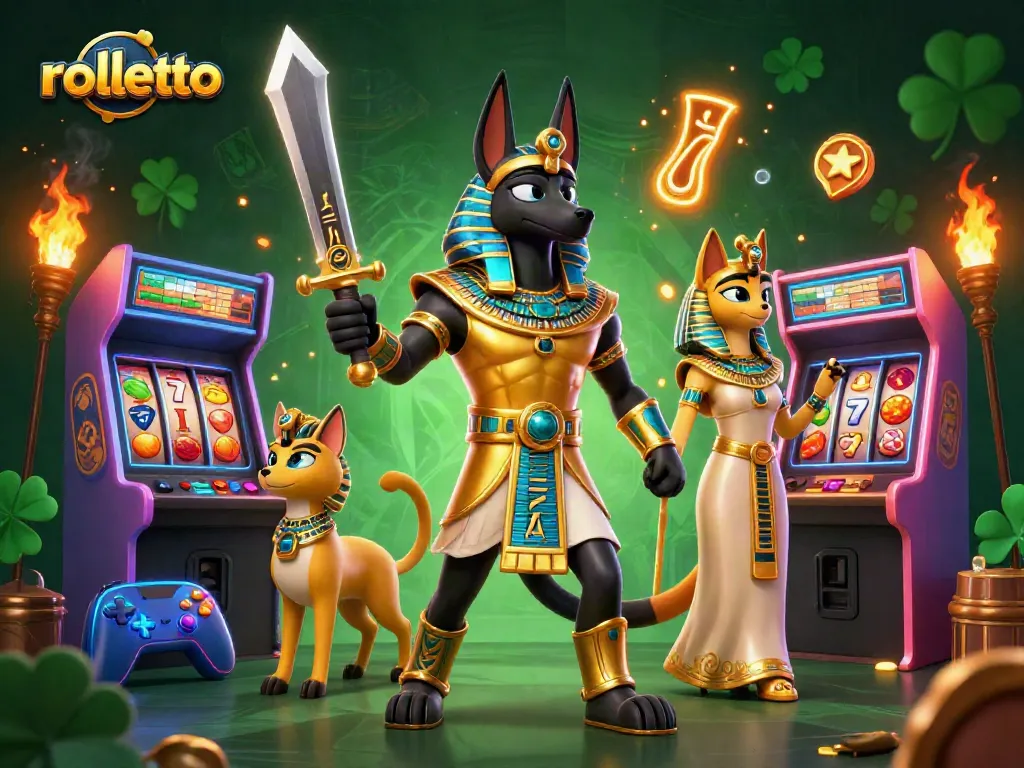 Engage with rolletto's vibrant casino world, featuring an illustration of Anubis and Bastet beside colorful gaming machines.
