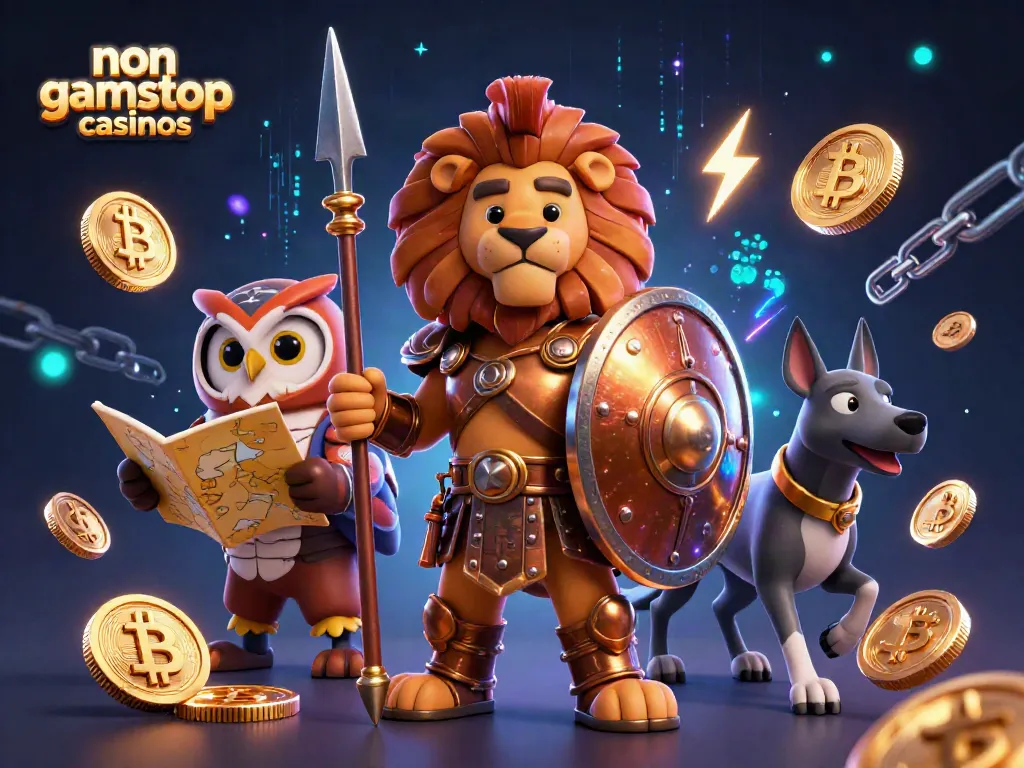 Experience thrilling action at non gamstop casinos with a dynamic scene featuring a Spartan lion, owl, and greyhound amidst crypto symbols.