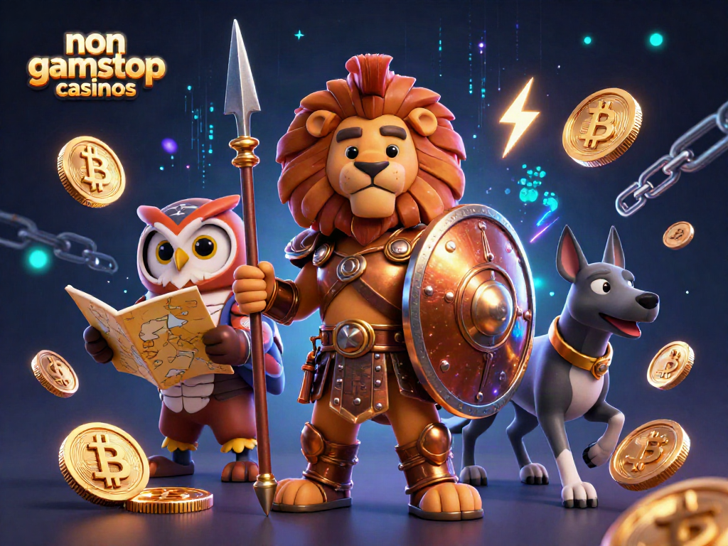 Experience thrilling action at non gamstop casinos with a dynamic scene featuring a Spartan lion, owl, and greyhound amidst crypto symbols.