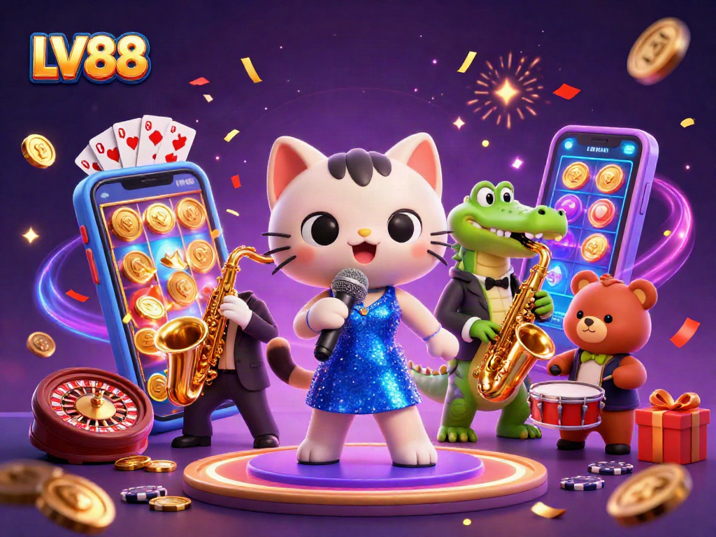 Experience LV88's vibrant gaming energy with cartoon characters celebrating on stage.