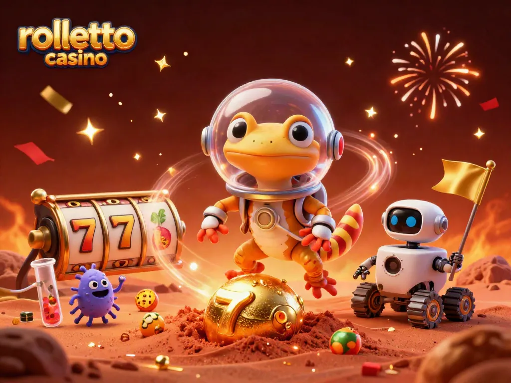 Engage with rolletto casino's thrilling experience featuring a Martian gecko exploring a hidden golden casino.