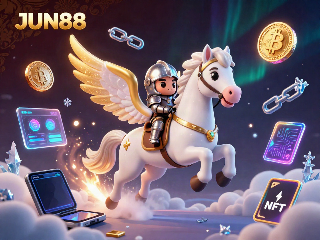Engage with thrilling JUN88 casino experiences featuring an armored knight riding a celestial horse among crypto coins.
