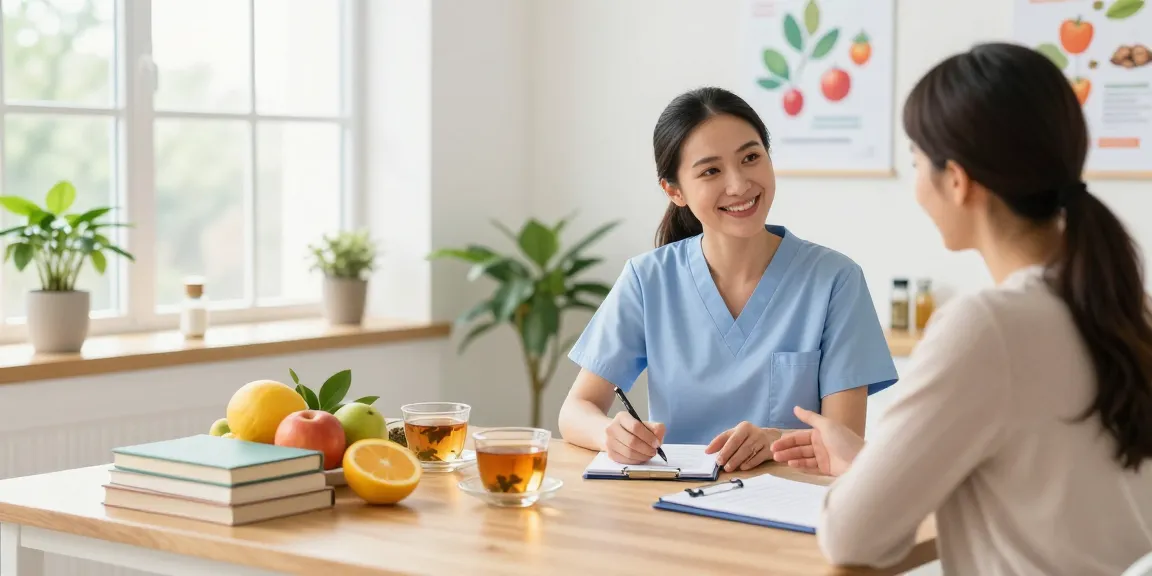 Naturopath Surrey consultation scene with a friendly female naturopath aiding a client in a wellness clinic.