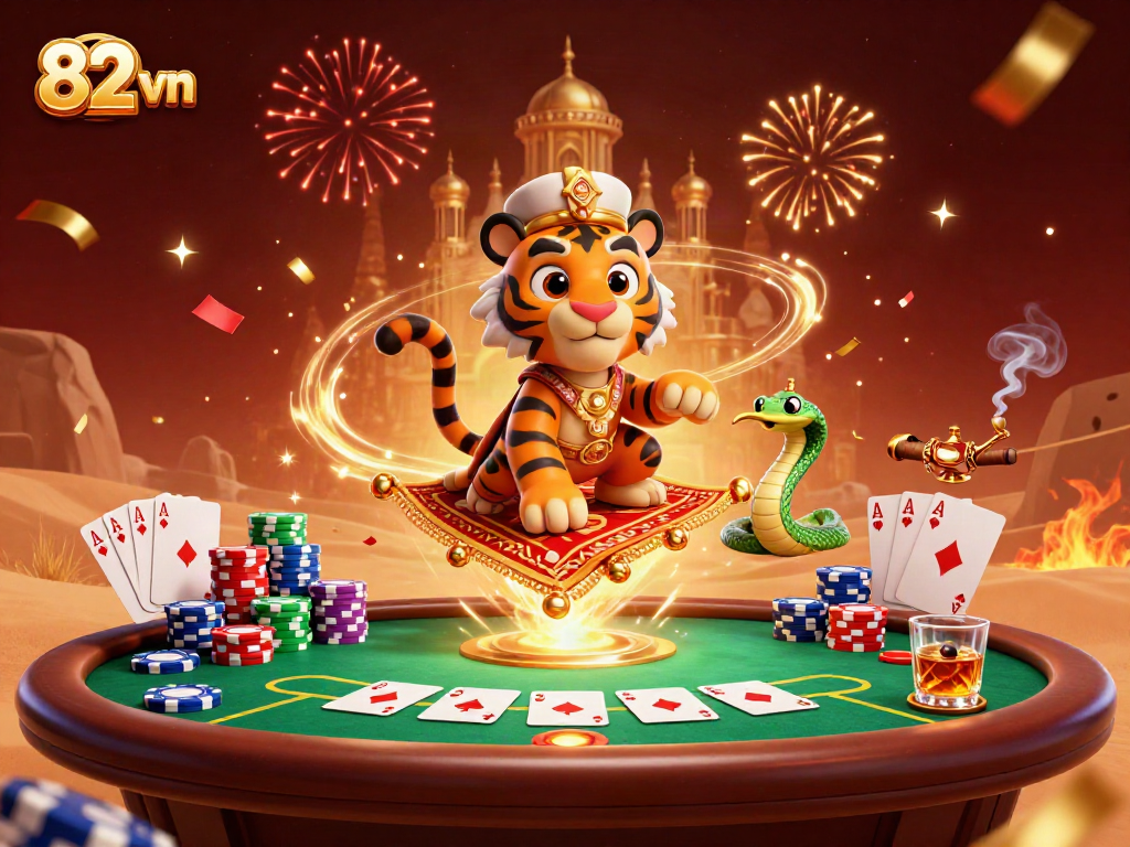 Engage in top-tier gameplay with the vibrant 82 vn casino scene featuring an Arabian tiger sultan.